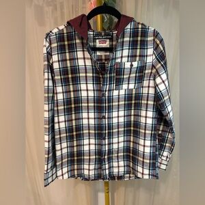 Levi’s Plaid Hooded Flannel Shirt Boys L 12-13 Burgundy Blue